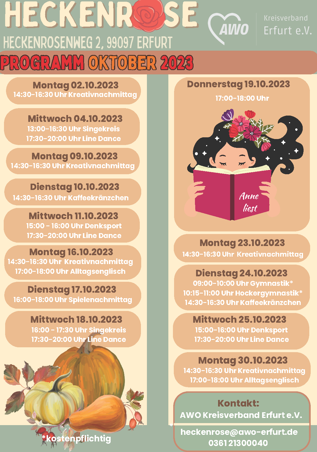 Tabellarischer Monatsplan der Veranstaltungen im Oktober in der Heckenrose im herbstlichen Design